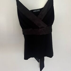 Satin Trimmed Black Spaghetti Strap Top - Wet Seal